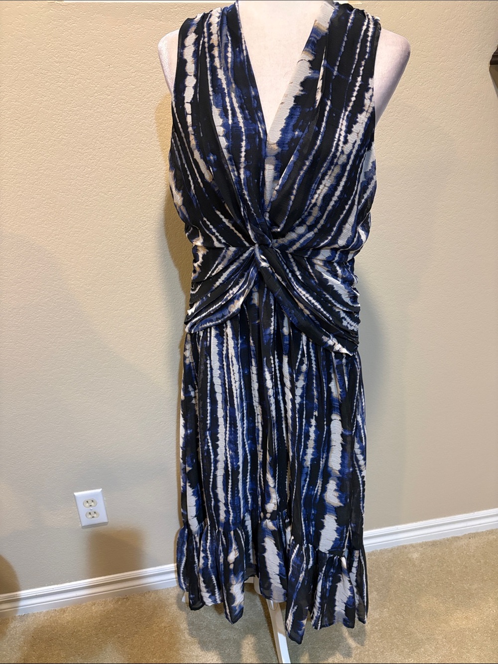 Sleeveless Twist-Front Blue Tie-Dye Midi Dress-Size 8